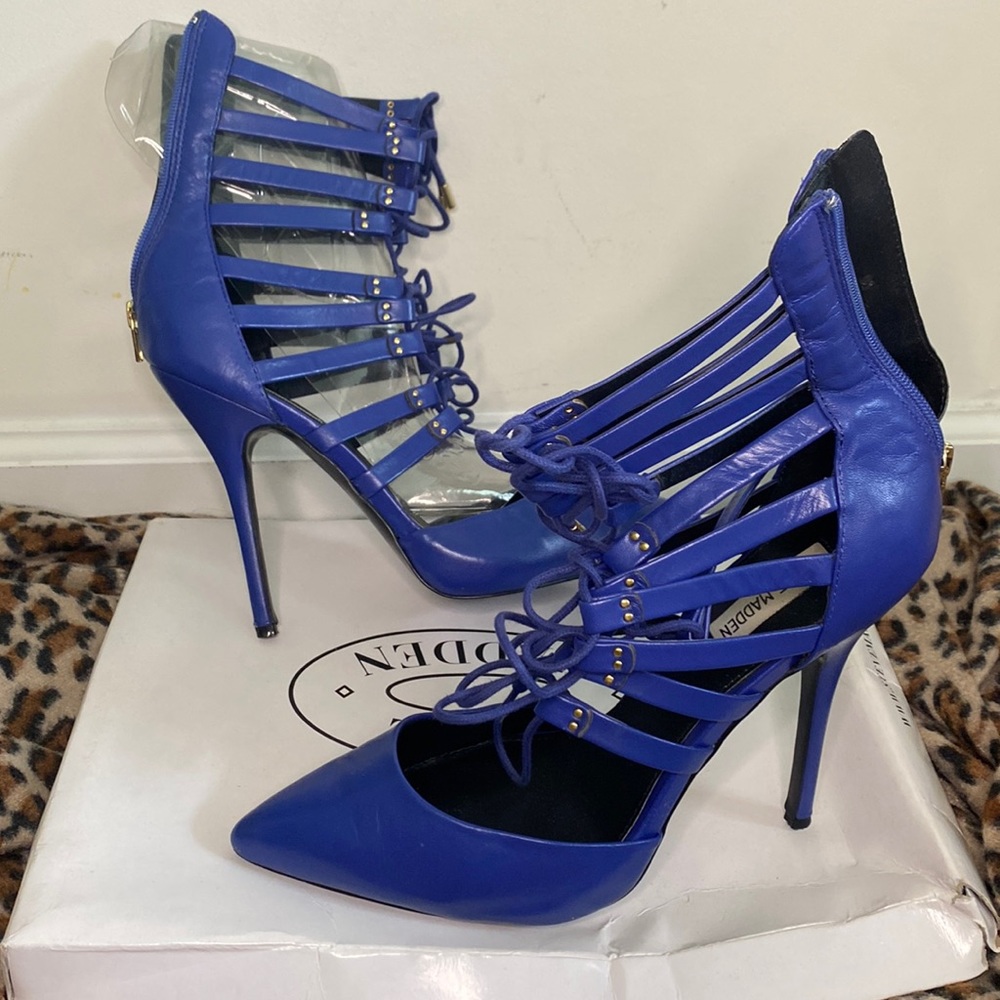 Royal blue leather strap up heels